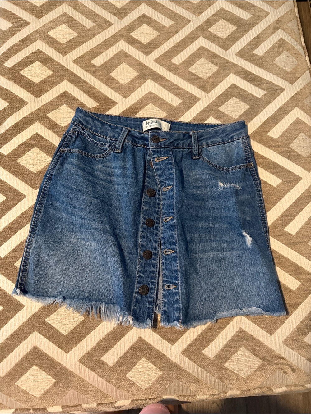 Blue Button-Front Distressed Denim Mini Skirt